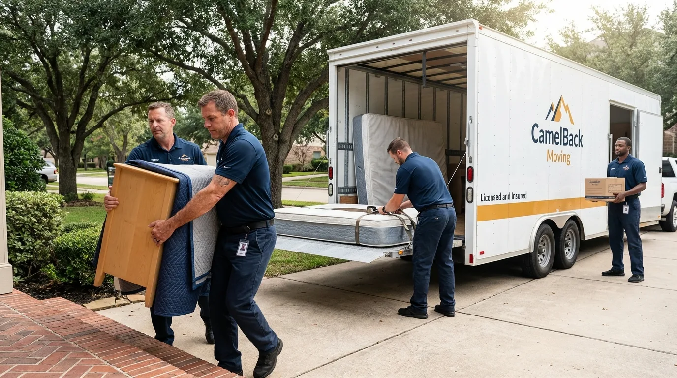 Crew loading residential truck for cross-state move from Valley Mills, TX