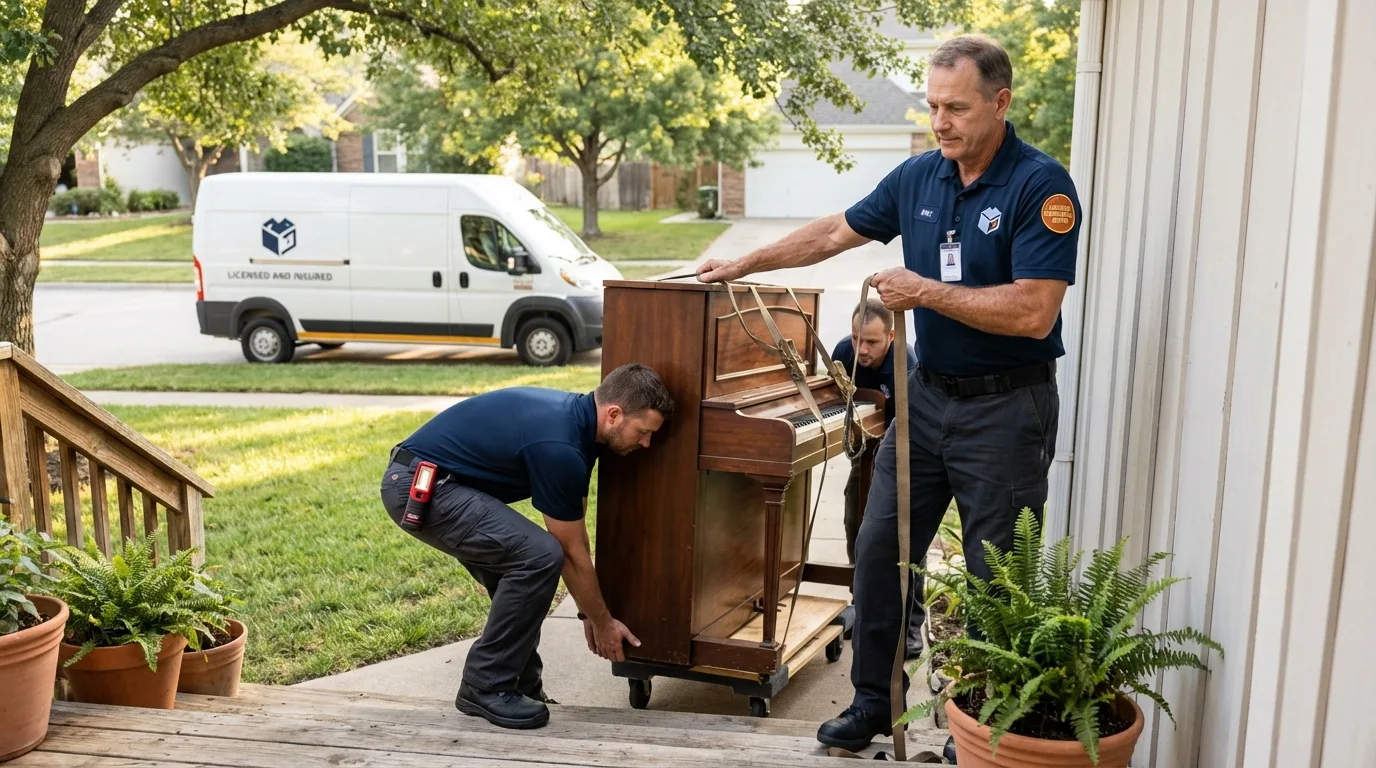 Licensed piano movers securing grand piano in Valley Mills, TX