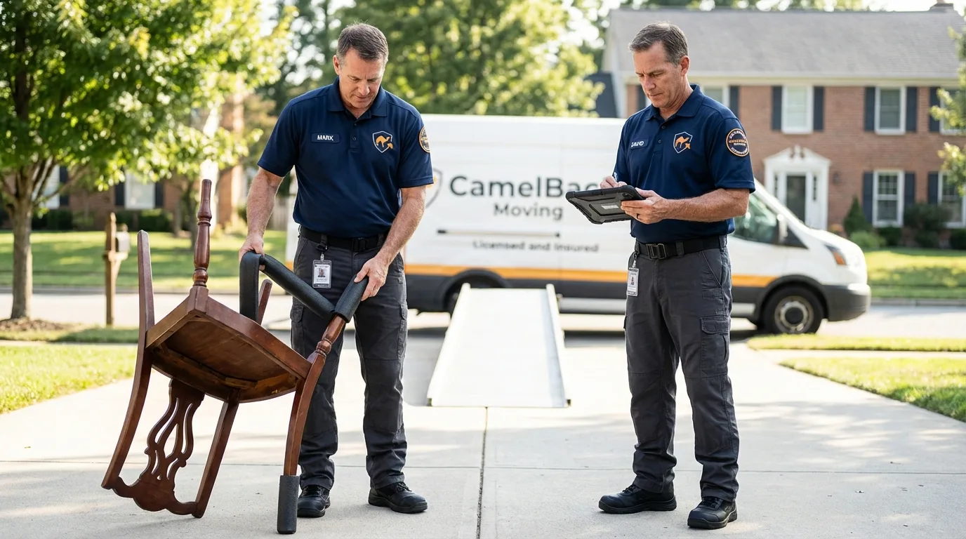 Movers inspecting furniture for damage prevention before loading in Valley Mills, TX