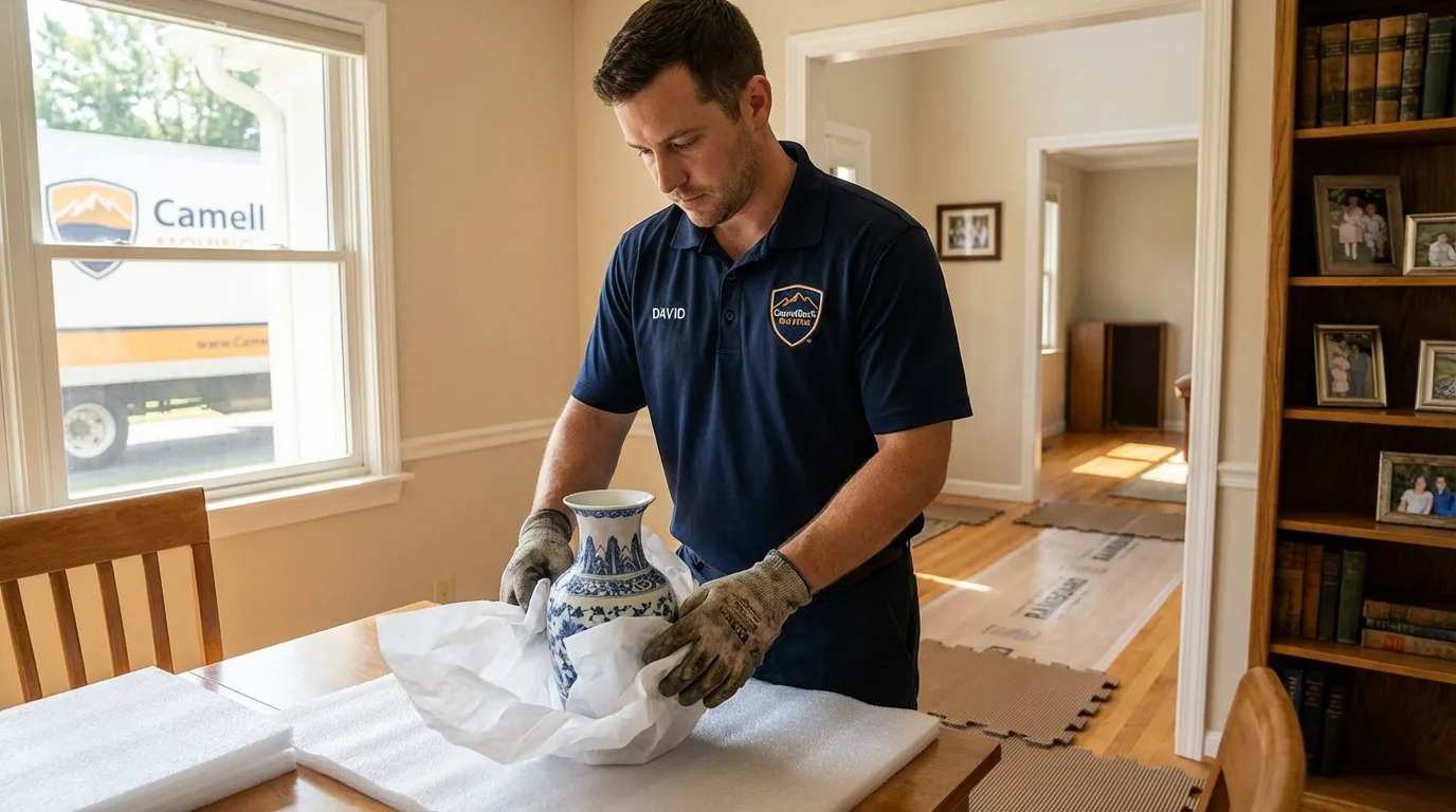Professional crew carefully wrapping antique vase for senior downsizing move in Valley Mills, TX